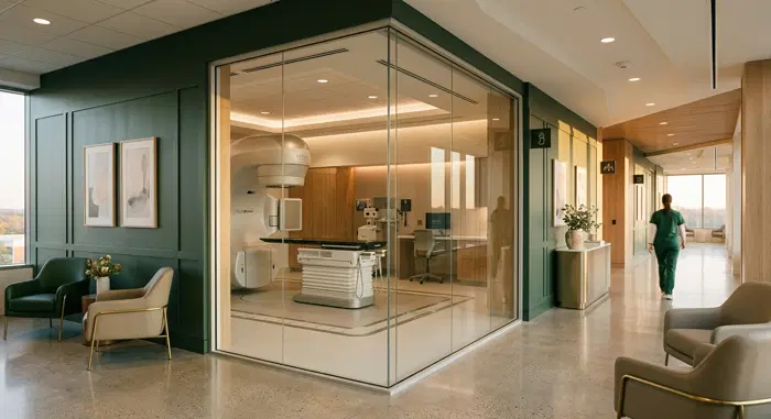 Modern oncology treatment wing with natural light