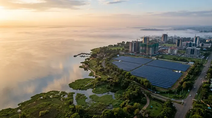 Aerial view of new development on the Lake Victoria shoreline