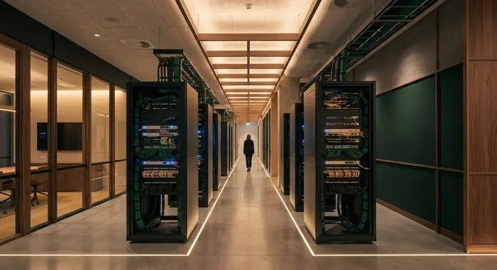Corridor of server racks inside a modern data center